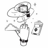 Individual with smart watch tablet and coffee overlay symbolizing American tech driven workday in double exposure with copy space concept as An individual blended with a smart wat Clean vector