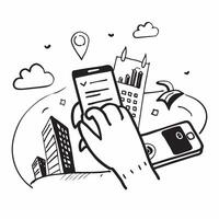 Individual with smartphone notebook and city overlay symbolizing American mobile workday in double exposure with copy space concept as An individual blended with a smartphone note Clean vector