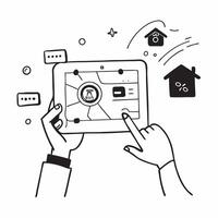 Individual with smart home hub and digital controls overlay symbolizing centralized home management in double exposure with copy space concept as An individual blended with a smar Clean vector