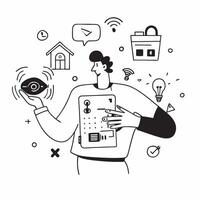 Individual with smart home security system and tech overlay symbolizing integrated security management in double exposure with copy space concept as An individual blended with a s Clean vector
