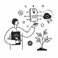 Individual with smart garden system and tech overlay symbolizing tech enhanced gardening in double exposure with copy space concept as An individual blended with a smart garden sy Clean vector