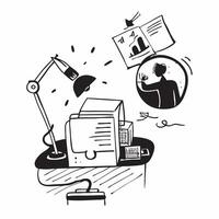 Individual with office chair desk lamp and notebook overlay symbolizing American home office setup in double exposure with copy space concept as An individual blended with an offi Clean vector