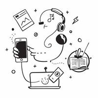 Individual with headphones tablet and coffee cup overlay symbolizing American digital nomad lifestyle in double exposure with copy space concept as An individual blended with head Clean vector