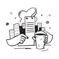 Individual with notebook coffee and city skyline overlay symbolizing American urban workspace in double exposure with copy space concept as An individual blended with a notebook c Clean vector