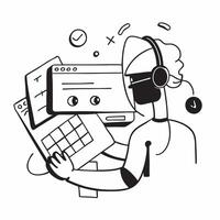 Individual with headset keyboard and monitor overlay symbolizing American tech focused workday in double exposure with copy space concept as An individual blended with a headset k Clean vector