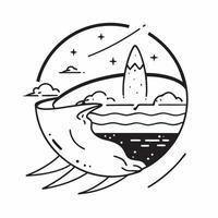 Individual with a surfboard beach waves and sunset overlay symbolizing surfing adventure travel with copy space concept as An individual blended with a surfboard beach waves and s Clean vector