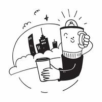 Individual with a Seattle skyline coffee mug and notebook overlay symbolizing laid back city life in double exposure with copy space concept as An individual blended with the Seat Clean vector
