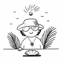 Individual with a shell necklace palm leaf and sun hat overlay symbolizing tropical beachwear with copy space concept as An individual blended with a shell necklace palm leaf and Clean vector