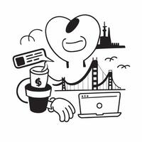 Individual with a San Francisco bridge laptop and coffee overlay symbolizing tech city lifestyle in double exposure with copy space concept as An individual blended with the San F Clean vector
