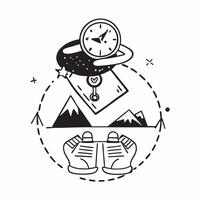 Individual with a national forest hiking boots and compass overlay symbolizing nature travel in double exposure with copy space concept as An individual blended with a national fo Clean Set 2 vector