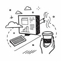 Individual with a modern balcony view coffee cup and e reader overlay symbolizing digital leisure in double exposure with copy space concept as An individual blended with a modern Clean vector