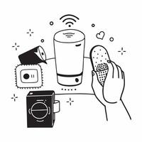 Individual with a modern dining table smart speaker and recipe app overlay symbolizing modern culinary convenience in double exposure with copy space concept as An individual blen Clean vector