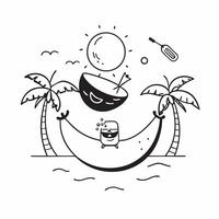Individual with a hammock ocean waves and coconut drink overlay symbolizing tropical beach relaxation with copy space concept as An individual blended with a hammock ocean waves a Clean vector