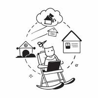 Individual with a front porch rocking chair and mail delivery overlay symbolizing American suburban daily life in double exposure with copy space concept as An individual blended Clean vector