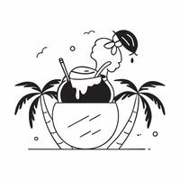 Individual with a coconut tropical drink and palm trees overlay symbolizing beach refreshments with copy space concept as An individual blended with a coconut tropical drink and p Clean vector