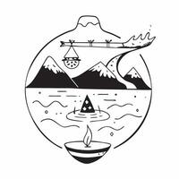 Individual with a camping gear river view and kayak overlay symbolizing river adventure travel in double exposure with copy space concept as An individual blended with camping gea Clean vector