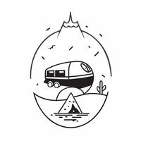 Individual with a camper van mountain view and map overlay symbolizing road trip adventure in double exposure with copy space concept as An individual blended with a camper van mo Clean vector