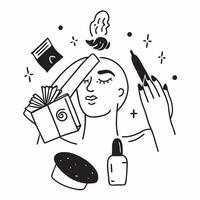 Individual with a beauty store cosmetics and makeup bag overlay symbolizing American beauty shopping in double exposure with copy space concept as An individual blended with a bea Clean Set 2 vector