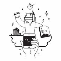 Individual with a Atlanta cityscape smartphone and coffee overlay symbolizing modern southern city life in double exposure with copy space concept as An individual blended with th Clean vector