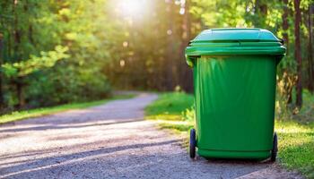 Green trash can in park. Garbage container with recycle logo. Environment and pollution concept photo