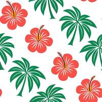 Hawaiian hibiscus and palm trees seamless tile pattern with tropical colors and traditional designs for island decor concept as Tropical hibiscus flowers and palm trees arranged se Clean Set 2 vector