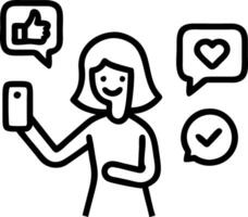 Happy woman using smartphone in street with social media icons symbolizes online engagement and digital networking concept as Highlights the role of mobile tools in enhancing conn Clean vector