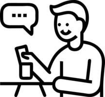 Happy male using smartphone modern coffee shop chatting online messaging mobile smartphone concept as Man seated modern cafe smiling uses smartphone chats engages in digital commun Clean vector