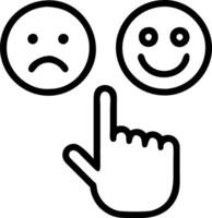 Hand touches and selects smiley face icon to evaluate product and service representing customer satisfaction concept concept as Hand touches smiley face icon to evaluate product a Clean vector