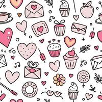 seamless pattern with hearts, cupcakes, and other items white background vector