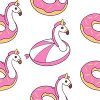 Fun inflatable pool float seamless tile pattern with flamingos unicorns and donut shapes concept as Inflatable pool floats in fun shapes like flamingos unicorns and donuts create a Clean vector