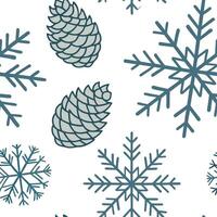 Frosty snowflake and snow covered pine cone seamless tile pattern with cool winter tones concept as Snow covered pine cones paired with frosty snowflakes create a seamless tile pat Clean vector