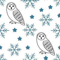 Frosty snowflake and snowy owl seamless tile pattern with winter wildlife elements concept as Snowflakes paired with snowy owls create a seamless tile pattern with winter wildlife Clean vector