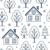Frosty snow covered rooftops seamless tile pattern with winter village elements concept as Snow covered rooftops and winter village elements create a frosty seamless tile pattern p Clean vector