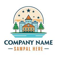 a logo for a company with a castle and trees white background vector