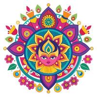a colorful indian design with a face and flowers vector