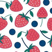 Fresh berries seamless tile pattern featuring strawberries blueberries and raspberries in vibrant colors concept as Strawberries blueberries and raspberries form a fresh colorful s Clean vector