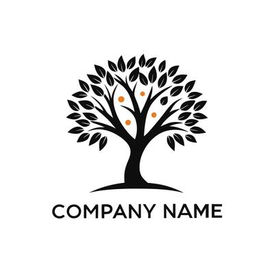 an orange tree logo with leaves and branches white background
