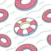 Floating inner tube seamless tile pattern with colorful rings bobbing on the pool surface concept as Floating inner tubes in bright colors create a fun playful seamless tile patter Clean vector