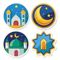 ramadan flat icons set with mosque, crescent and star white background vector