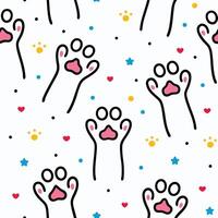 seamless pattern with cat paw and hearts white background vector