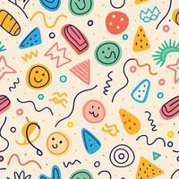 seamless pattern with colorful shapes and smiley faces white background vector