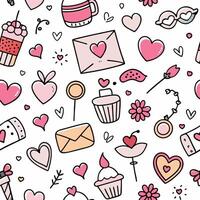 a seamless pattern with hearts, cupcakes and other items white background vector