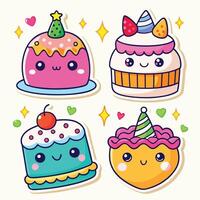 cute cake stickers set with different types of cakes white background vector