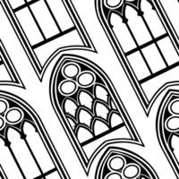Create a seamless pattern with Gothic architectural elements and pointed arches in monochrome concept as Design a seamless pattern featuring Gothic style architectural motifs inclu Clean vector