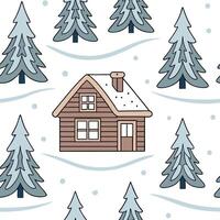 Cozy winter cabin seamless tile pattern with snow covered rooftops and warm lights concept as Snow covered rooftops and warm lights on cozy cabins create a seamless tile pattern pe Clean vector