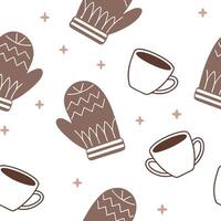 Cozy winter mittens and hot cocoa seamless tile pattern with warm textures and festive vibes concept as Warm textured mittens and steaming hot cocoa cups create cozy seamless tile Clean vector