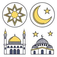 islamic architecture icons set, with a mosque, crescent and st ar vector