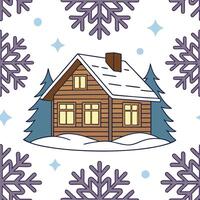 Cozy cabin in the snow seamless tile pattern with warm lights and frosty details concept as A cozy cabin nestled in snow with warm lights and frosty details forms a seamless tile p Clean vector