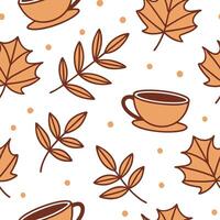 Cozy autumn tea and leaves seamless tile pattern with warm inviting colors concept as Warm colored tea cups and autumn leaves create a cozy seamless tile pattern perfect for fall t Clean vector