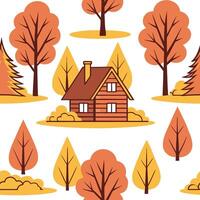 Cozy cabin in the woods seamless tile pattern with autumn trees leaves and warm lighting concept as Autumn trees and warm lighting create a cozy cabin in the woods seamless tile pa Clean vector